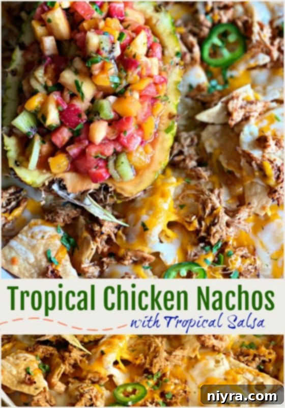 A full sheet pan of Tropical Chicken Nachos with Tropical Salsa, ready to serve, showcasing the vibrant colors and delicious textures.