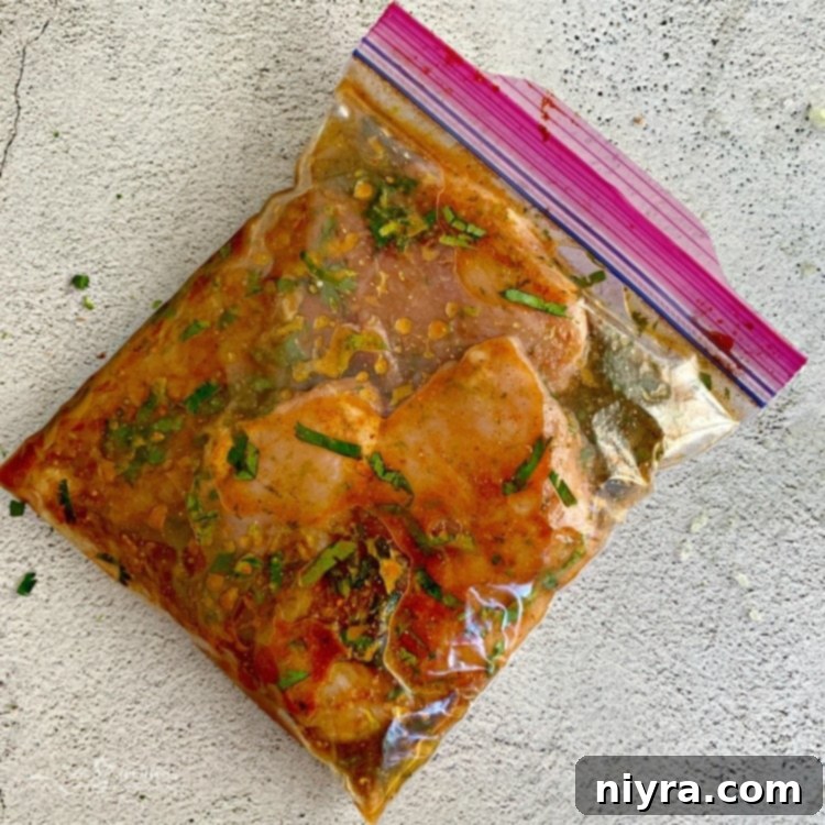Marinated chicken breasts in a ziplock bag, with lime, cilantro, and oil, ready to infuse tropical flavors.