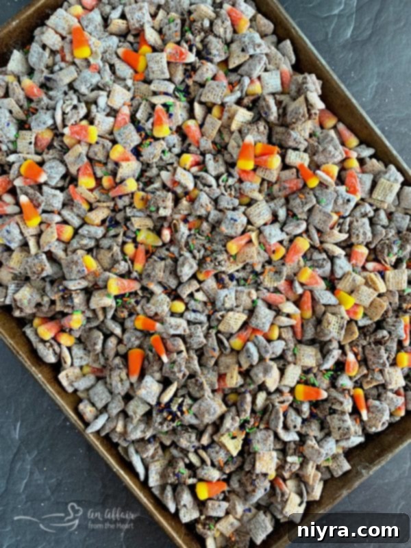 Halloween Double Peanut Butter Muddy Buddies sheet pan