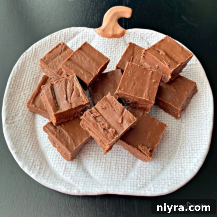 Never Fail Fudge Recipe on pumpkin plate