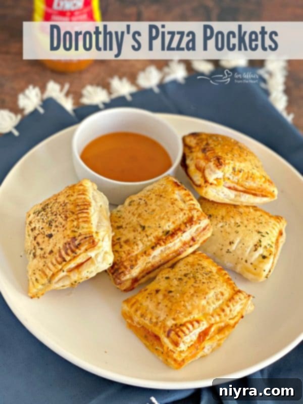 Dorothy's Pizza Pockets HERO - Close up of a golden pizza pocket.