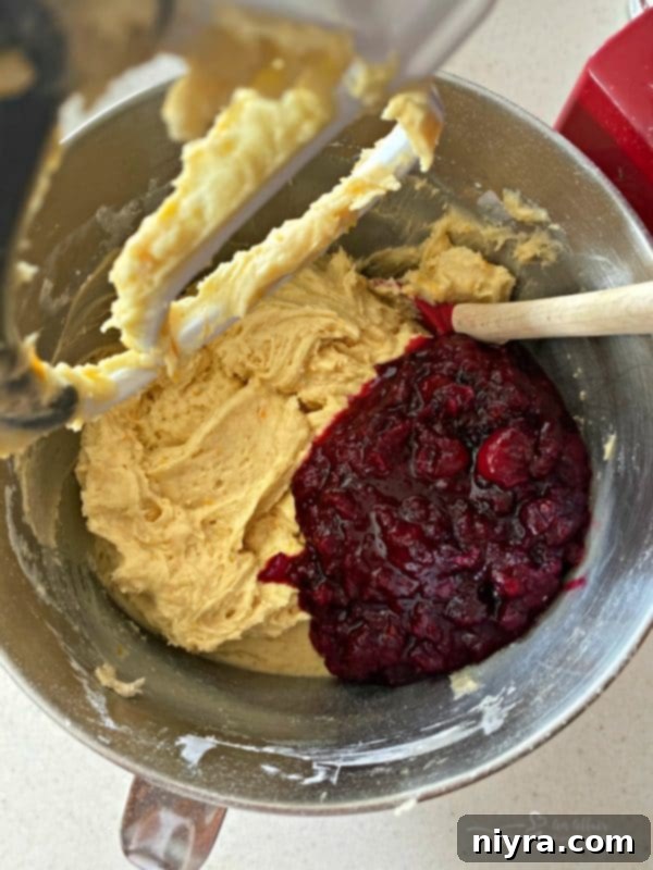 Muffin batter in a mixing bowl, showing the final addition of cranberry sauce being folded in