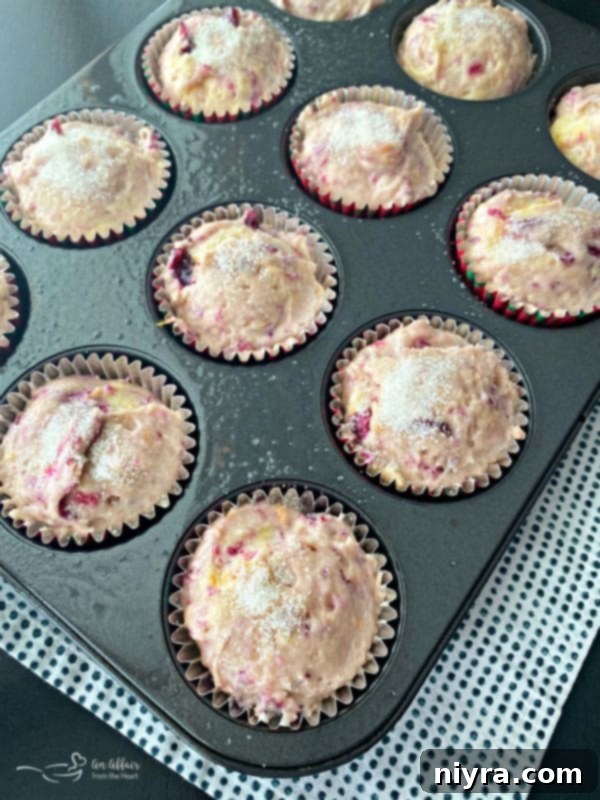 Muffin batter precisely filled into muffin tins lined with paper cups, ready for baking