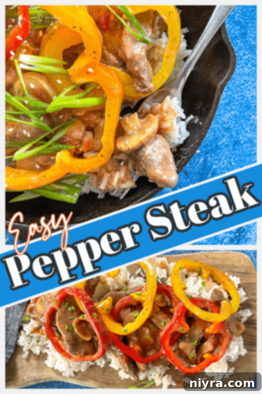 Two images showcasing delicious pepper steak in a cast iron skillet, ready to serve.