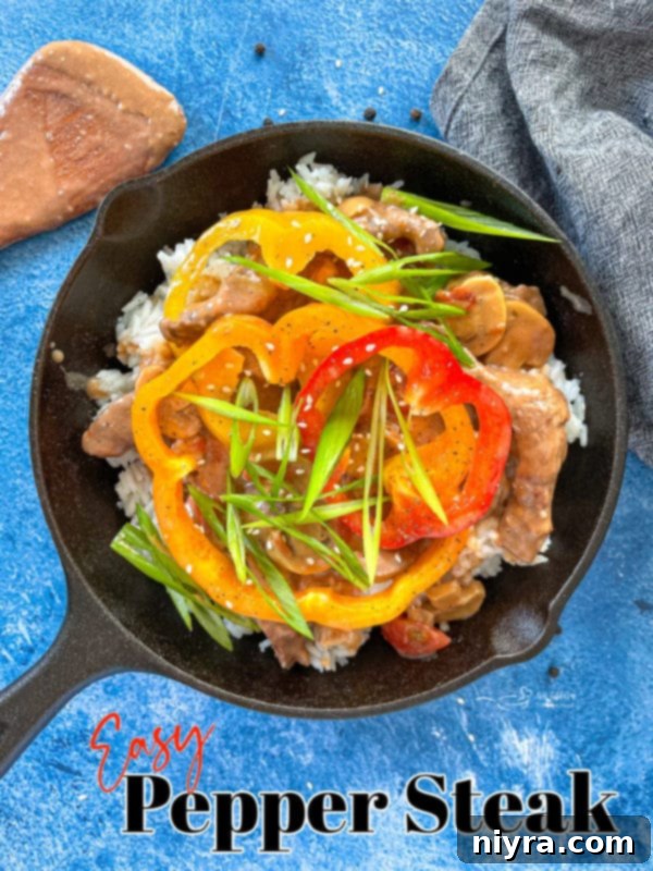 Graphic showing a cast iron skillet filled with delicious pepper steak.