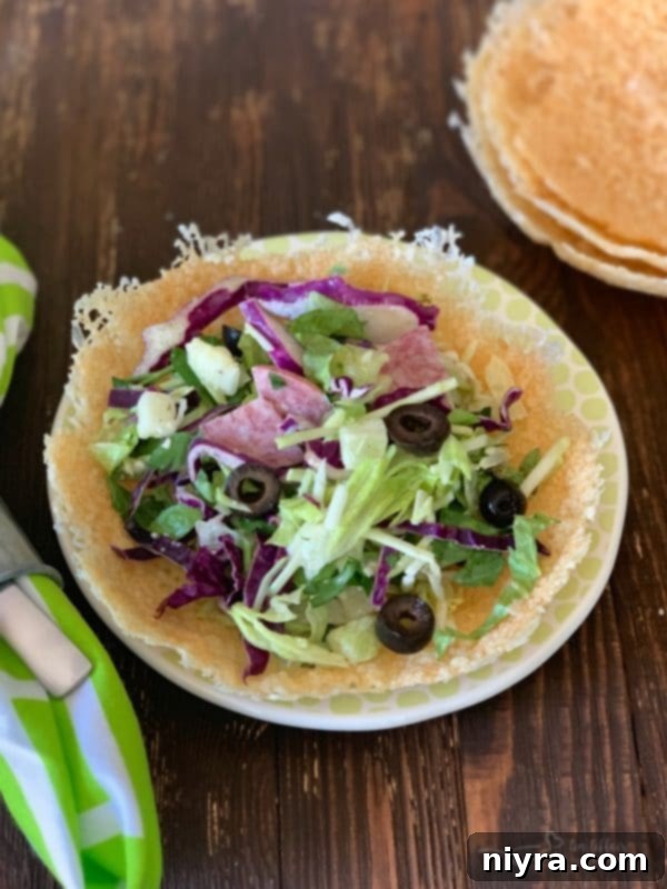 Parmesan Cheese Bowl filled with a delicious Italian Salad
