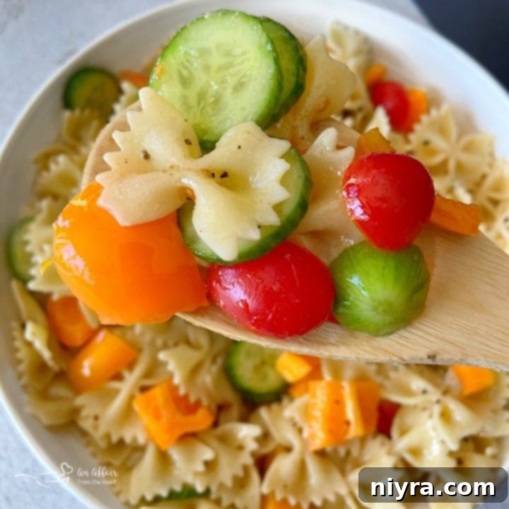 Easy French Vinaigrette Pasta Salad in a square bowl, perfect for sharing