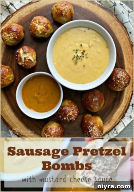 Sausage Pretzel Bombs with Tangy Cheese Dip 18 Sausage Pretzel Bombs on a serving plate