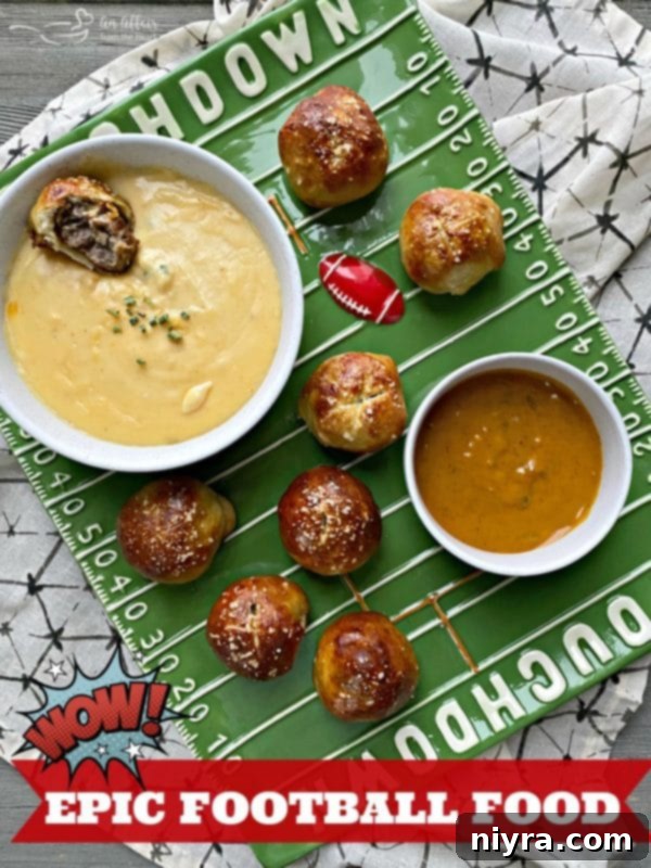 Sausage Pretzel Bombs with Tangy Cheese Dip 7 Sausage Pretzel Bombs displayed as epic football food