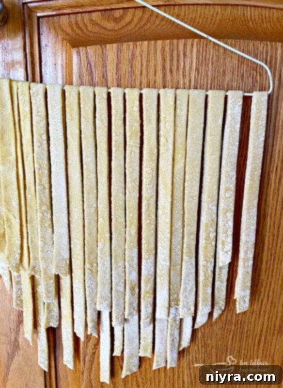 Homemade egg noodles drying on a clothes hanger