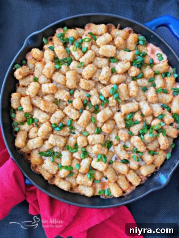 Spicy Tater Tot Casserole with Sausage & Mushrooms top view