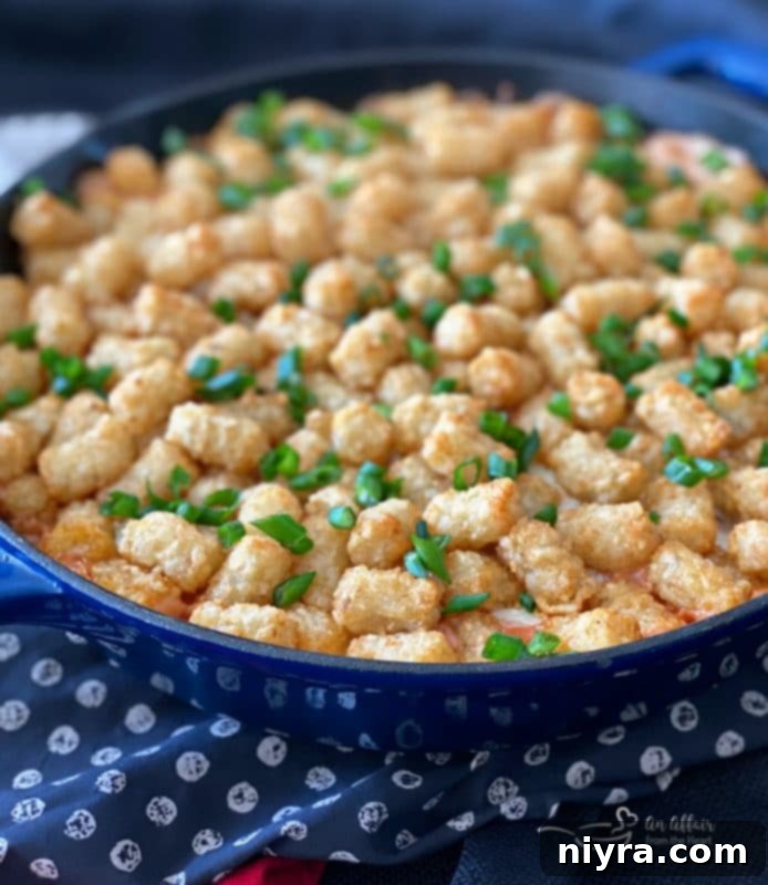 Spicy Tater Tot Casserole with Sausage & Mushrooms side view