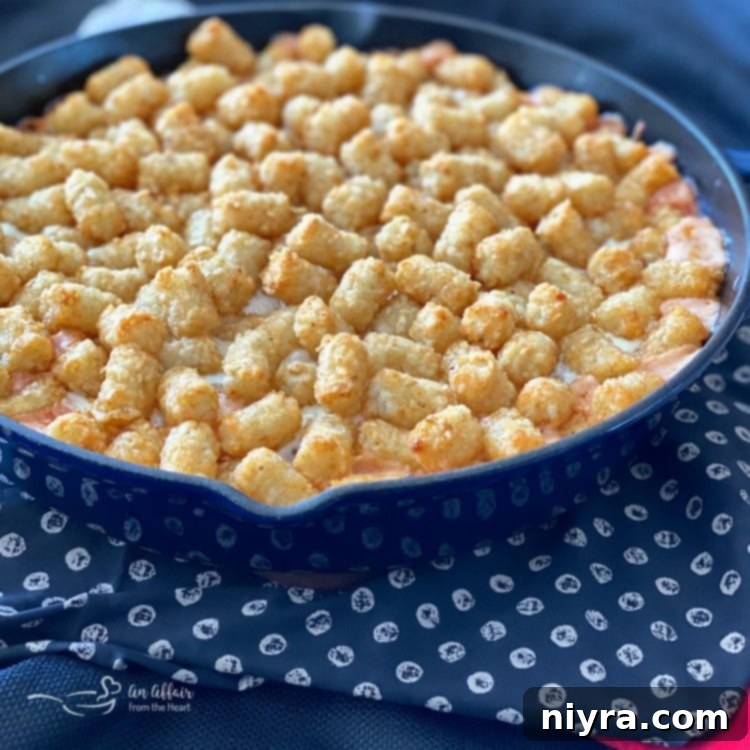 Spicy Tater Tot Casserole with Sausage & Mushrooms prep baked with tots