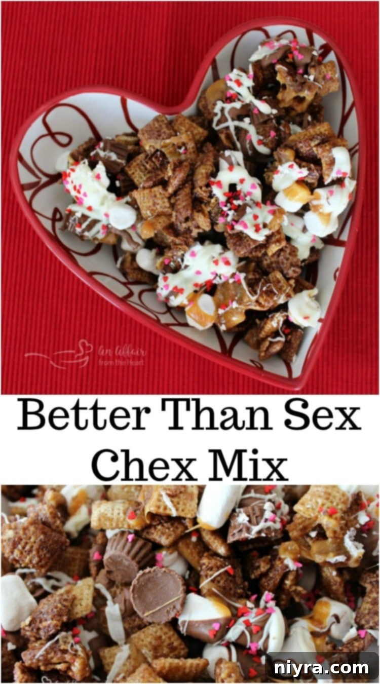 Better Than Sex Chex Mix from An Affair from the Heart, full serving on a tray