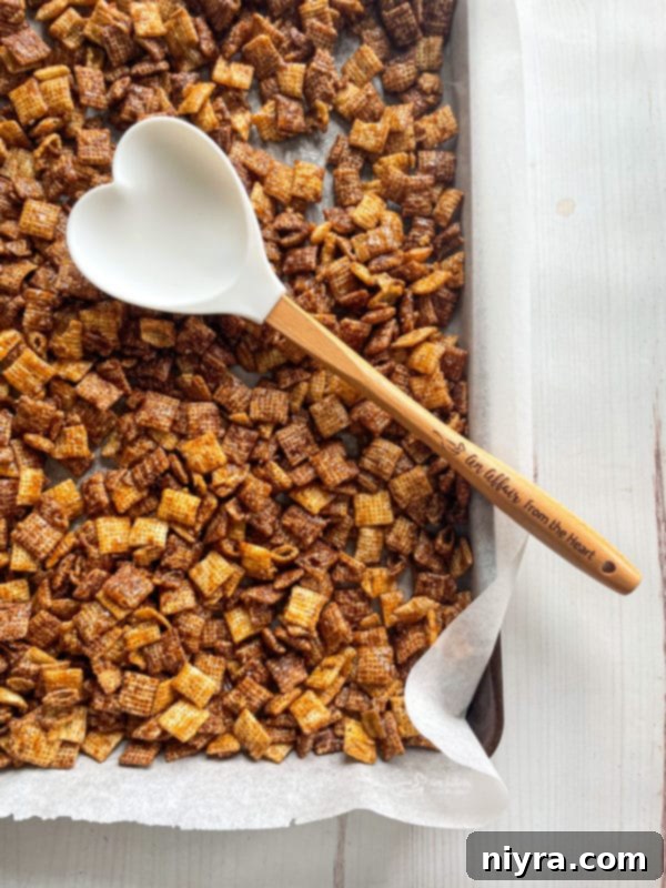 Chocolate Chex cereal being stirred in a bowl after coating