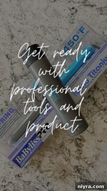 Professional hair styling tools including a curling iron