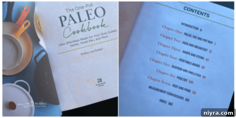 An open page from The One-Pot Paleo Cookbook, showcasing a delicious recipe.