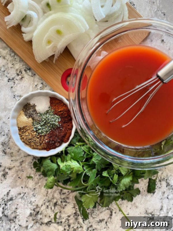 Ingredients for Taco Pork Chops sauce: tomato sauce, spices, and sliced onion, ready to be combined.