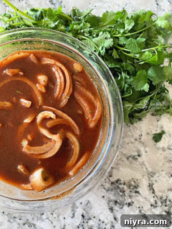 Spiced tomato sauce with sliced onions, ready to be poured over browned pork chops.