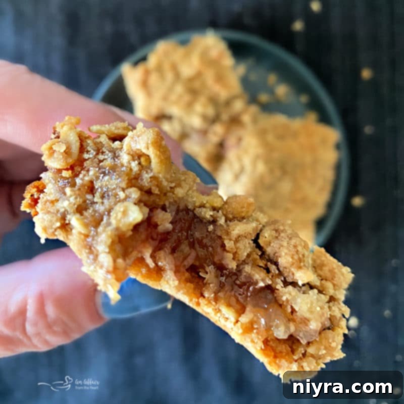 Freshly baked Rhubarb Crumble Bars in a baking dish