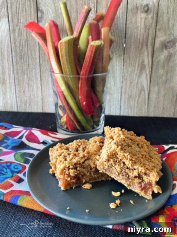 Side view of Rhubarb Crumble Bars cut into squares