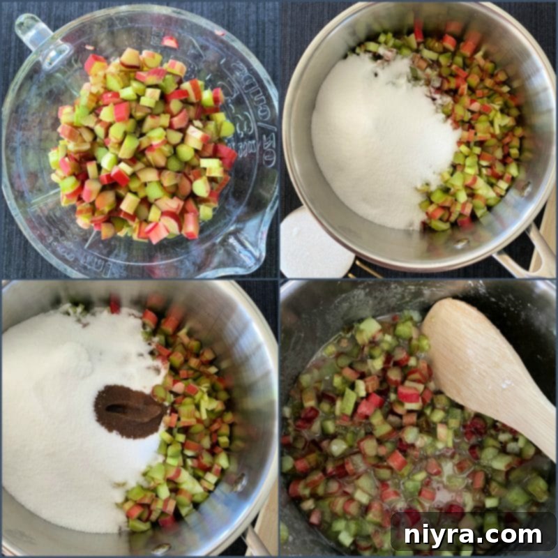 Chopped rhubarb cooking in a saucepan with sugar and water