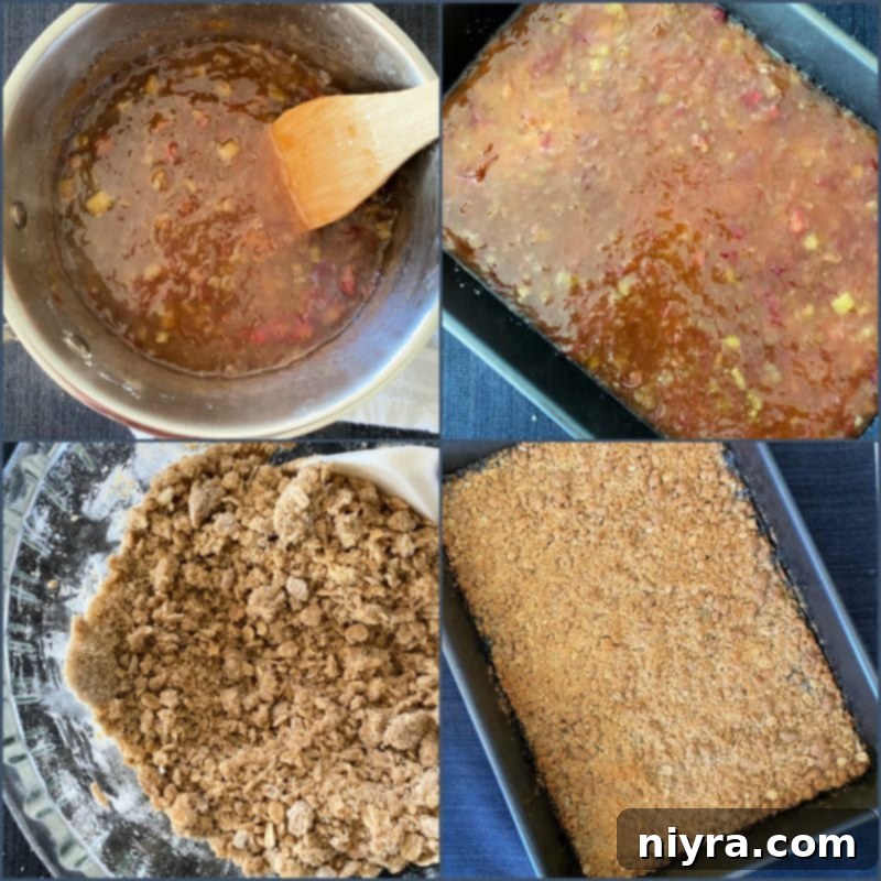 Pouring rhubarb filling over the crust in a baking dish