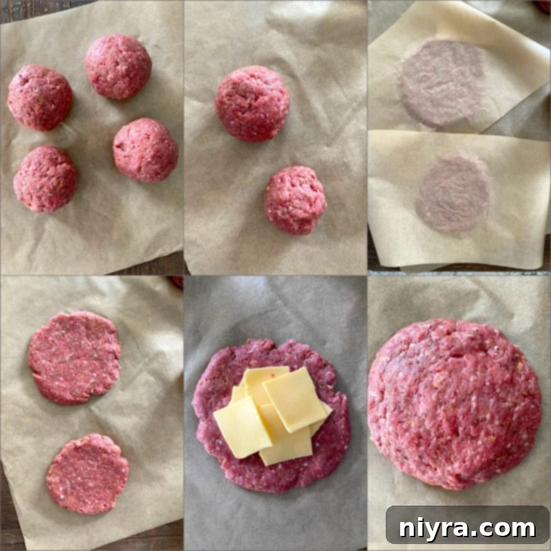 Showing the process of forming Juicy Lucy patties with cheese stuffed in the middle, ready for grilling.