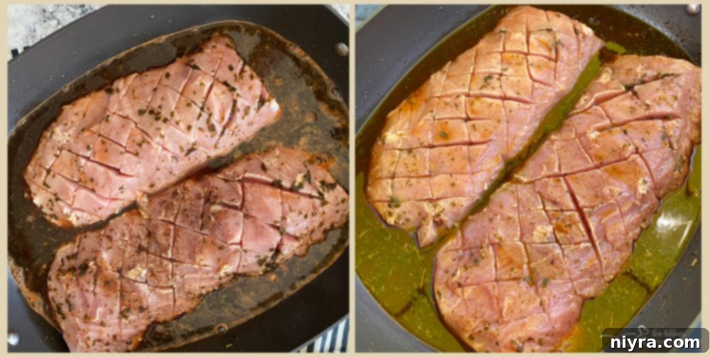 Succulent Smoked Pork Loin 6 Pork loin soaking in marinade in a deep pan, ready for refrigeration