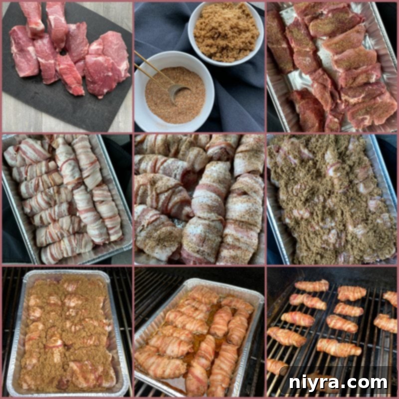 Preparation steps for bacon wrapped pork ribs, showing ribs coated in spices and wrapped in bacon in a baking pan.