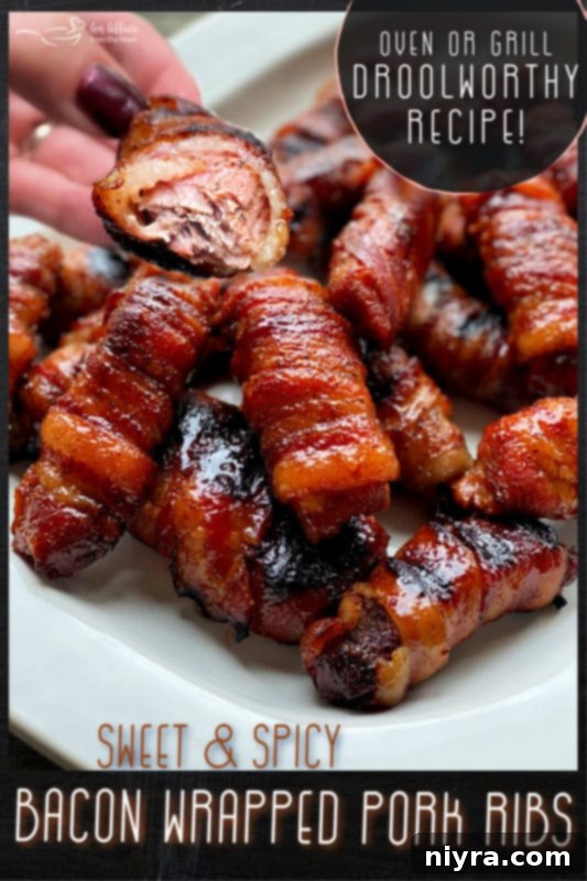 Pinterest pin image for Sweet & Spicy Bacon Wrapped Pork Ribs recipe.