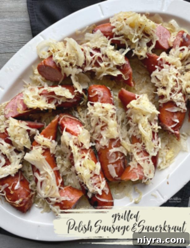 Close-up view of grilled Polish sausage and sauerkraut served in a white bowl with a fork, garnished with fresh herbs
