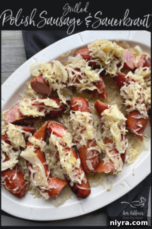 Platter of grilled Polish sausage and sauerkraut, garnished with parsley, ready to serve