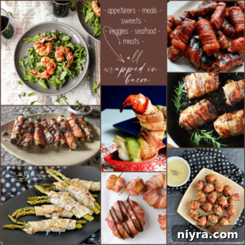 A selection of various bacon-wrapped appetizers displayed attractively.
