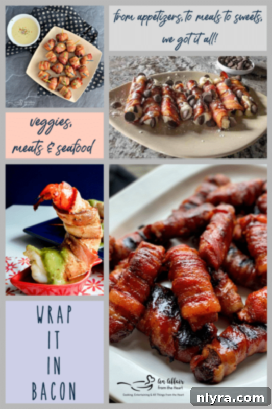 Various ingredients, including shrimp, asparagus, and plums, prepared for bacon wrapping.