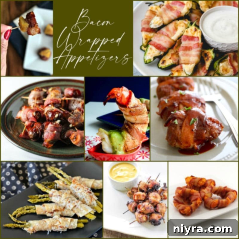 A festive platter of bacon-wrapped appetizers, beautifully arranged for a party.