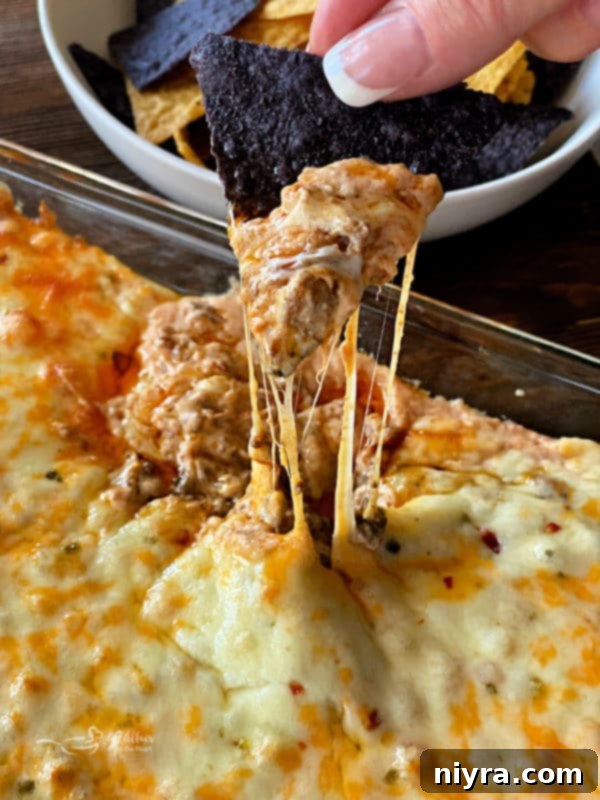 Dorothy's Hot Taco Dip served hot with tortilla chips