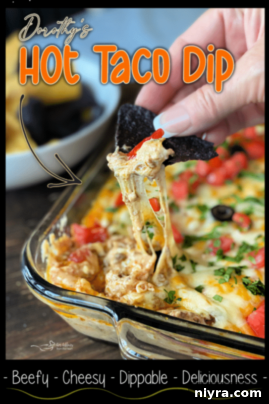 Dorothy's Hot Taco Dip with blue corn chips for dipping