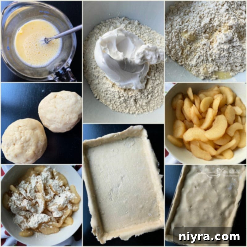 Collage of step-by-step preparation for Apple Bars, showing dough, apples, and baked bars