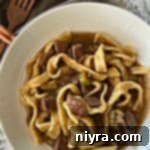 Mom's Beef & Noodles in a white bowl