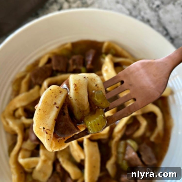 fork full of beef and noodles