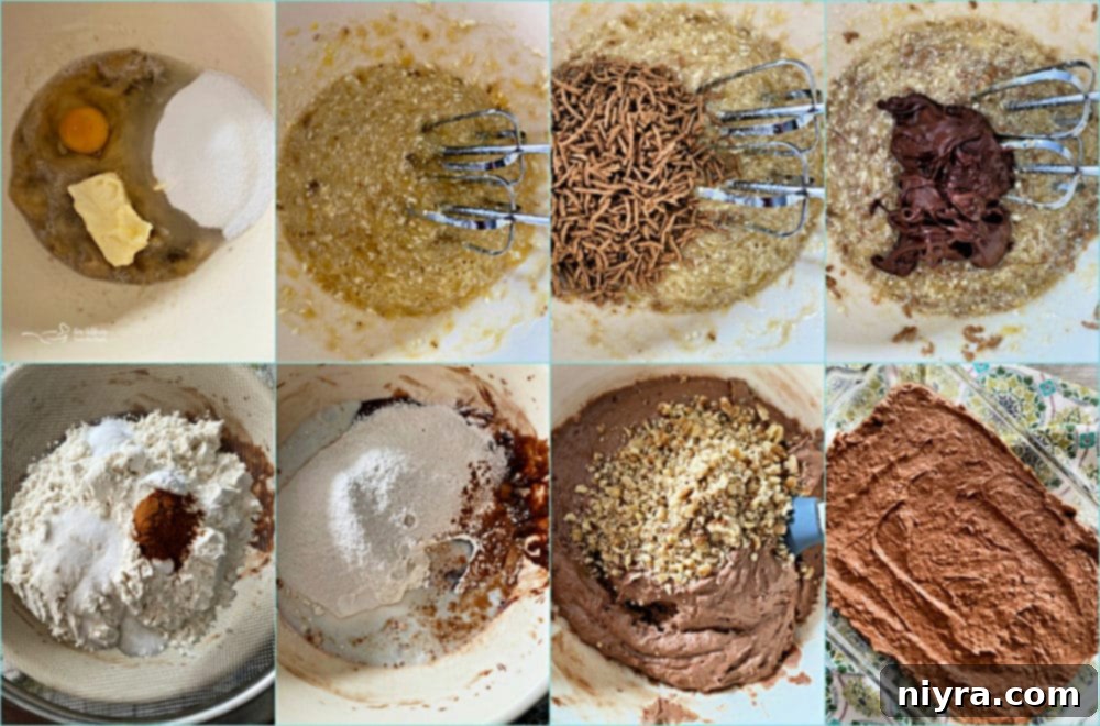 Decadent Chocolate Banana Bars 5 Collage showing the process of making Chocolate Banana Bars, from mixing ingredients to the finished product.