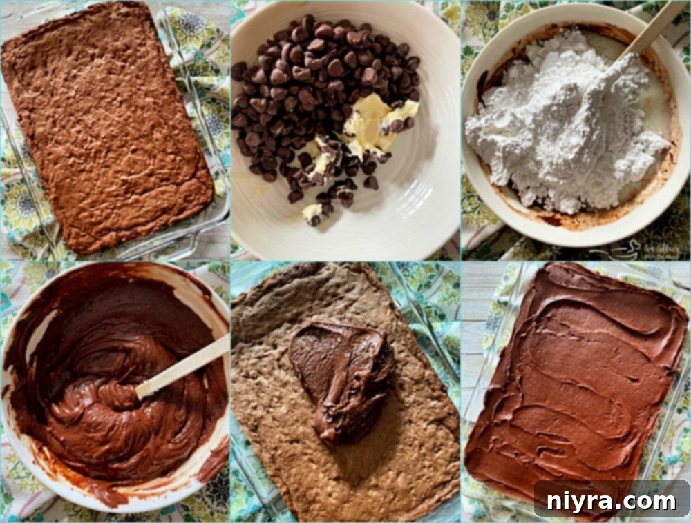 Decadent Chocolate Banana Bars 6 Collage showing steps for making the chocolate frosting for banana bars, including melted chocolate and spreading it.