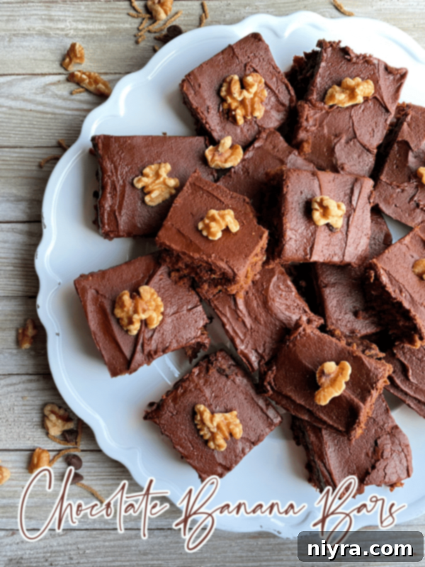 Decadent Chocolate Banana Bars 10 Close-up of a single Chocolate Banana Bar, showing its moist texture and shiny chocolate frosting.