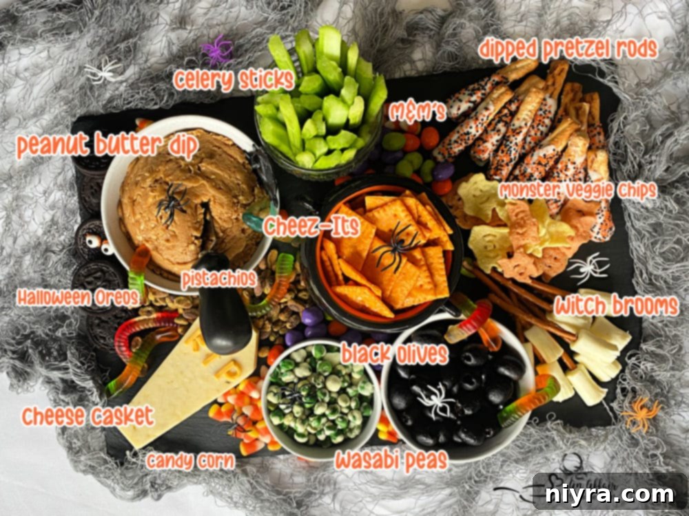 Spooky Sweet and Savory Halloween Snack Board with Peanut Butter Dip 4 Detailed view of the Halloween snack board with labels pointing out different components like Peanut Butter Dip, Cheez-Its, Celery Sticks, and Witch Brooms.