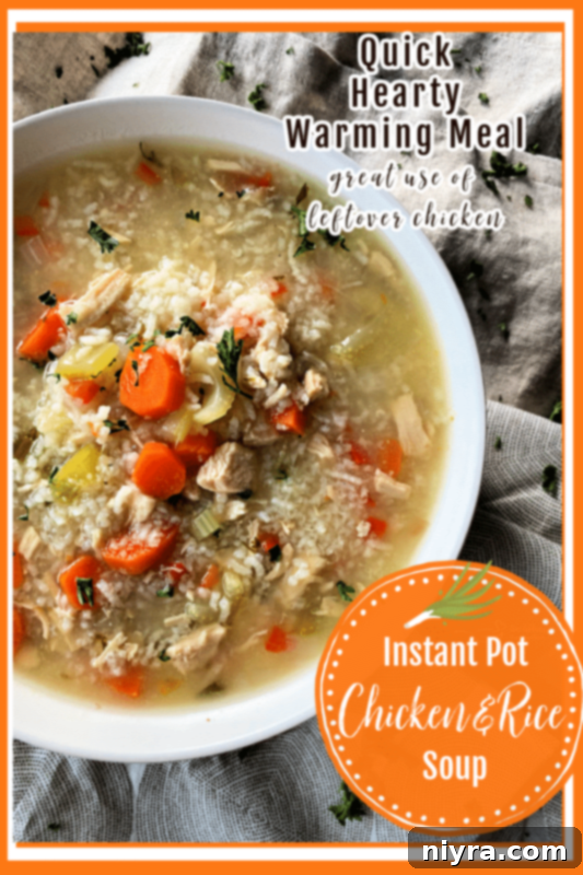 Hearty Instant Pot Chicken and Rice Soup 6 Instant Pot Chicken and Rice Soup served in a white bowl with a spoon.