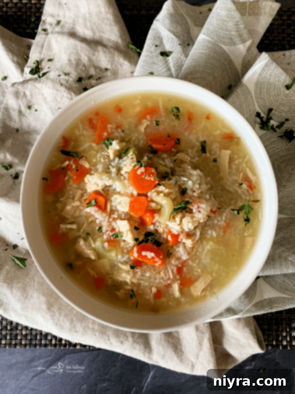 Hearty Instant Pot Chicken and Rice Soup 7 A warm, inviting bowl of Instant Pot Chicken and Rice Soup ready to be enjoyed.