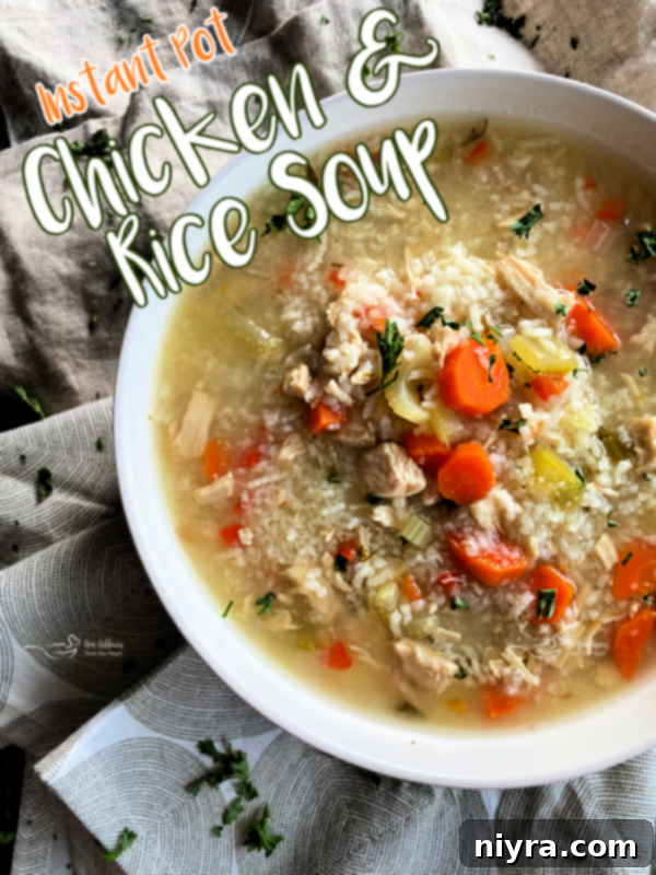 Hearty Instant Pot Chicken and Rice Soup 8 Instant Pot Chicken and Rice Soup in a serving bowl, ready to eat.