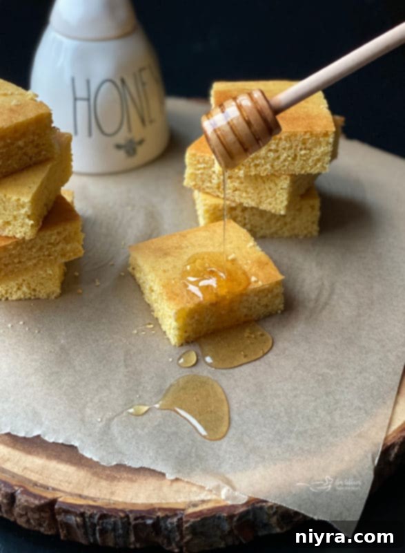 Closeup of honey cornbread slices