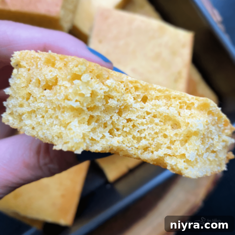 Close up of a slice of honey cornbread